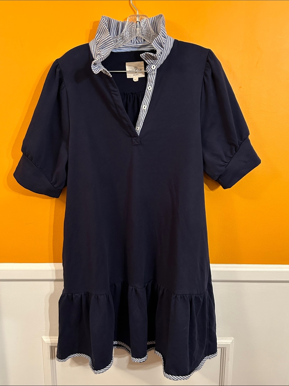 Umgee Navy Midi Dress with Striped Ruffle Collar
